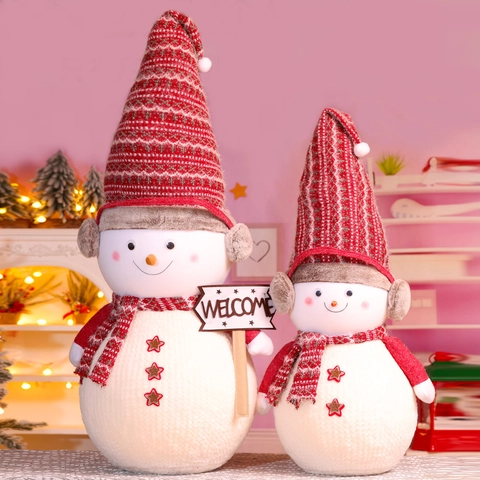 Snowman Christmas Plush Decoration Large Holiday Figurine With Knitted Hat Scarf Earmuffs Welcome Sign Festive Home Decor