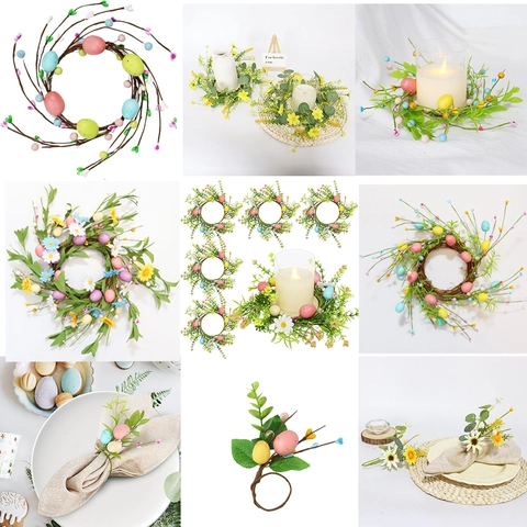 Easter Egg Candle Ring Wreath Artificial Daisy Eucalyptus Leaves Foam Eggs Garland For Spring Party Table Decor