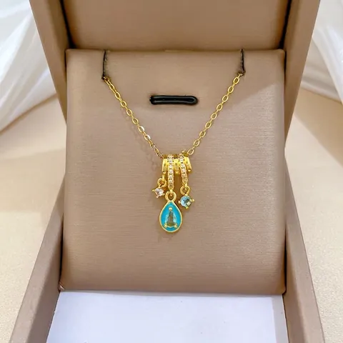 Collana Con Pendente A Goccia D'acqua Tono Oro Catena In Acciaio Al Titanio Pietra Blu Micro Intarsiato Zircone Gioielli Eleganti Per Donna