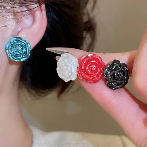 Rose Flower Stud Earrings Pearlescent Resin Imitation Artificial Pearl With Silver Earring Post Elegant Fashion Jewelry For Women