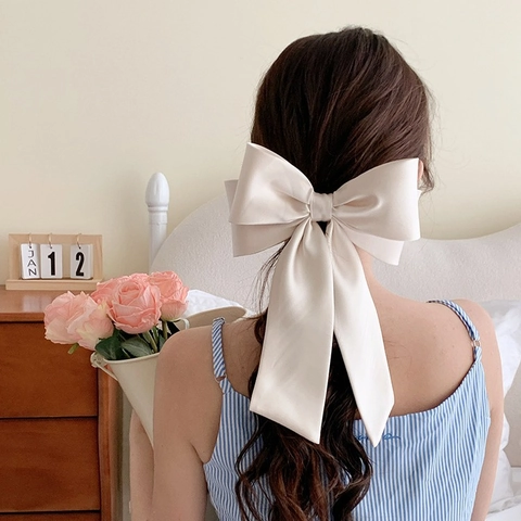Oversized French Satin Bow Hair Clip With Long Streamer Double Layer Fabric Alloy Spring Top Clip For Women Girls
