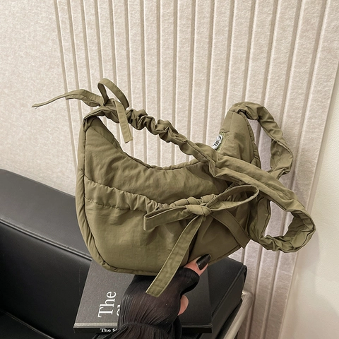 Nylon Pleated Shoulder Bag Bow Decoration Crescent Underarm Cloud Bag Minimalist Casual Fashion Women