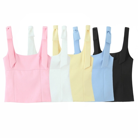Women Camisole Top Bow Tie Strap Square Neck Slim Fit Cropped Solid Color Polyester Summer Fashion