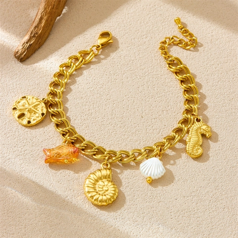 Zeedieren Charm Armband Roestvrij Staal Verguld Zeepaardje Zeester Schelp Zomer Strand Mode Vrouwen