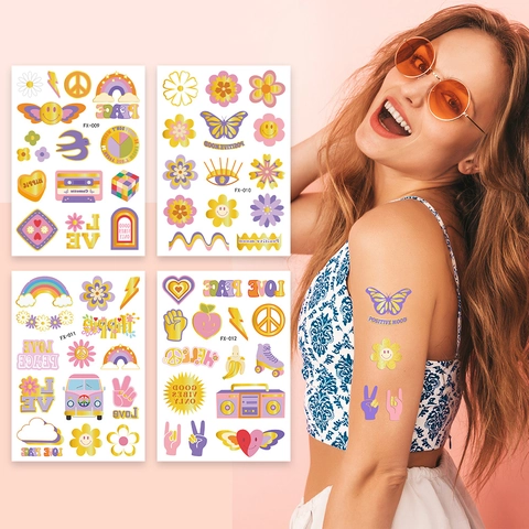 Tatuajes Temporales Hippie Pegatina Retro Y2K Arcoíris Paz Amor Lámina De Oro Impermeable Arte Corporal Para Fiesta Mujeres Niñas