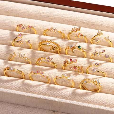 Butterfly Flower Crown Heart Ring Brass 18K Gold Plated Zircon Inlaid Adjustable Open Finger Band Fairy Aesthetic Women