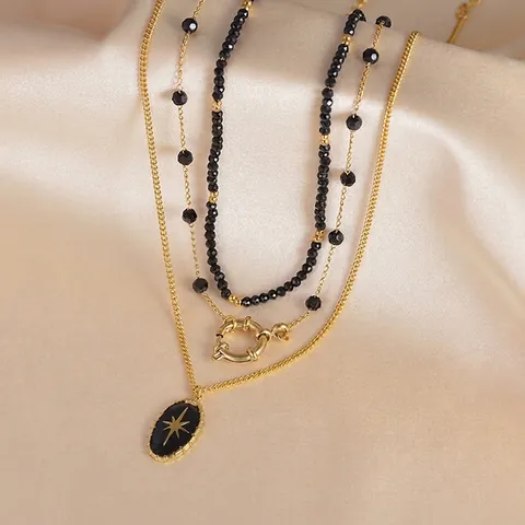 Etnische Gelaagde Roestvrijstalen Ketting Verguld Emaille Ster Hanger Zwarte Kralen Multi Gelaagde Sieraden Voor Dames