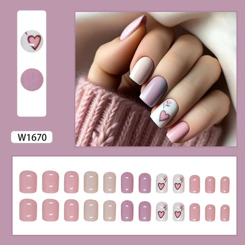 Künstliche Fingernägel Herzmuster Verlauf Rosa Violett Abnehmbar ABS Kunststoff Zum Aufdrücken Glänzend Maniküre Elegant Blumen