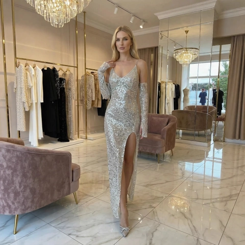 Robe De Soirée À Paillettes Chaînes En Strass Col En V Dos Nu Fente Maxi Robe Avec Manches Assorties Pour Femmes Fête