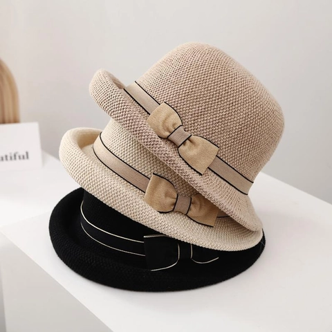 Women Knitted Cloche Sun Hat Cotton Polyester Rolled Edge Bow Ribbon Decoration Elegant Breathable Foldable
