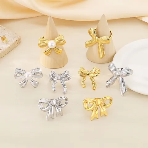 Bow Knot Ring For Women 316L Stainless Steel Adjustable Open Band Imitation Artificial Pearl Elegant Fashion Jewelry