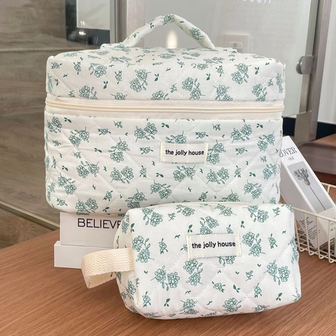 Floral Quilted Cotton Makeup Bag Portable Large Capacity Travel Cosmetic Organizer Pouch With Handle For Women Students