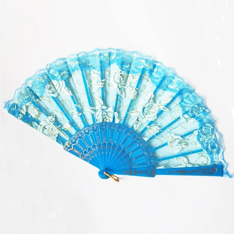 Elegant Lace Folding Hand Fan With Rose Floral Pattern Gold Stamped Plastic Bone For Wedding Party Dance Home Decoration