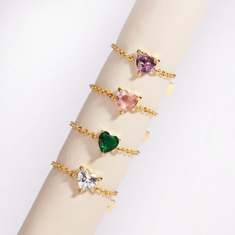 Luxus 18K Gold Vergoldet Messing Herzförmig Zirkonia Verstellbar Kettenring Für Damen Chic Mode Pendeln Fingerschmuck