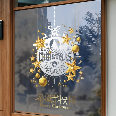 Christmas Window Static Cling Gold Reindeer Snowflake Star Bauble Glass Door Decal Double Sided Reusable Festive Decor