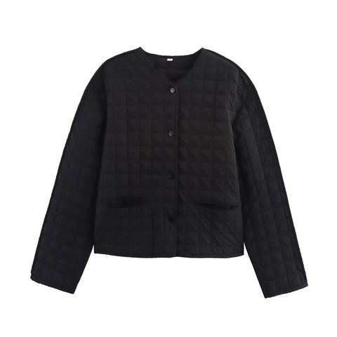 Veste Matelassée Femme Légère Col Rond Simple Boutonnage Manteau Matelassé À Carreaux Manches Longues Avec Poches