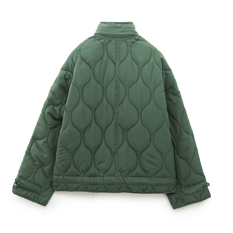 Giacca Imbottita Trapuntata Da Donna Motivo A Onde Collo Alto Cappotto Corto Casual Con Grandi Tasche Orlo Con Coulisse Poliestere