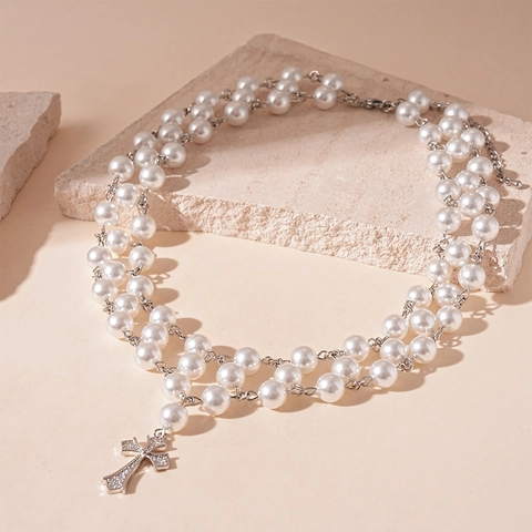 Elegante Mehrlagige Imitationsperlen Kreuz Anhänger Halskette Für Frauen Vintage Strass Zirkon Choker Schmuck Geschenk