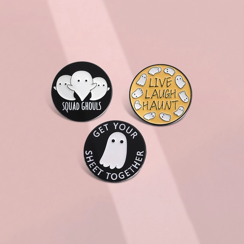 Halloween Ghost Enamel Brooch Pin Cute Cartoon SQUAD GHOULS LIVE LAUGH HAUNT Round Alloy Metal Badge For Clothes Backpack Hat