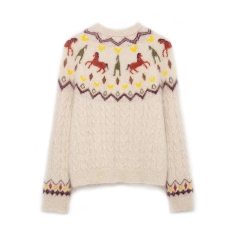Women Vintage Knitted Cardigan Sweater Round Neck Long Sleeve Fuzzy Mohair Style Button Up Horse Jacquard Pattern Retro