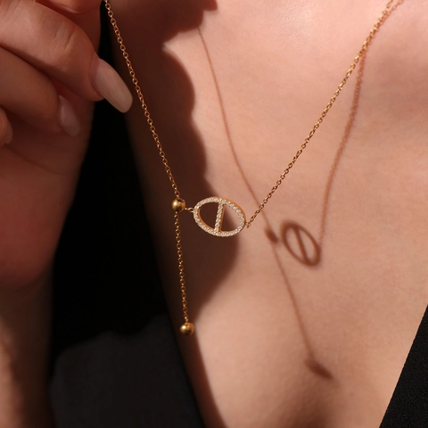 Stainless Steel Zircon Pig Nose Pendant Necklace Adjustable Slidder Lariat Y Shape Tassel Chain Fashion Jewelry For Women