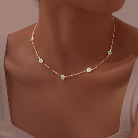 Collana con Pendente Malocchio in Acciaio Inossidabile per Donna Placcato Oro a Forma di Cuore Stella Fiore Smalto Gioielli