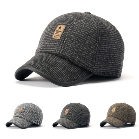 Vintage Tweed Plaid Baseballkappe Winter Warm Wollmütze Dad Hat Mit Lederaufnäher Für Herren Outdoor Lässig Sportlich