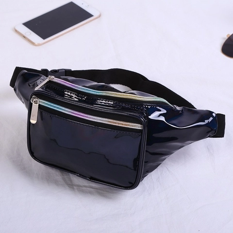 Women Holographic Laser Waist Bag Shiny Rainbow PU Leather Fanny Pack Double Zipper Adjustable Strap Outdoor Sports