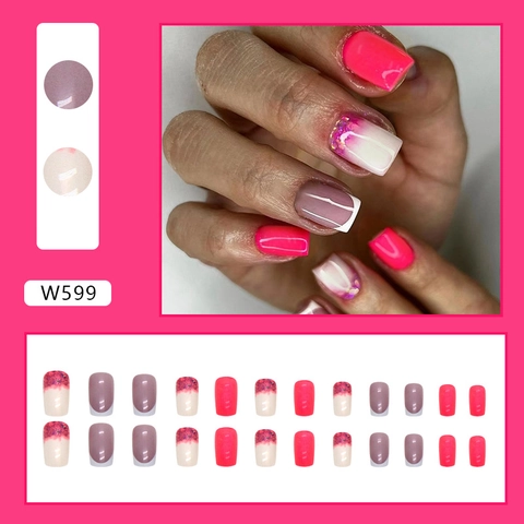 Faux Ongles Cercueil Rose Rouge Pailleté Mi-Longs Style Français Brillant Ongles À Presser Pour Femmes