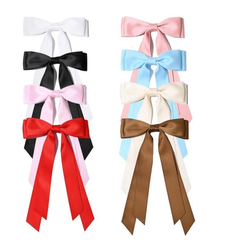 Large Double Layer Satin Bow Hair Clip With Long Streamer Ribbon Spring Clip Sweet Elegant For Women Girls
