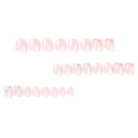 Short Square Press On Nails Pink French Tip With 3D Floral Designs And Glitter Rhinestones For Women Daily Nail Art Decoration