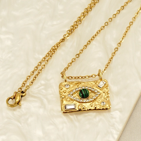 Evil Eye Anhänger Halskette 18K Vergoldet Edelstahl Hammerschlag Textur Malachit Zirkon Eingelegt Schlüsselbein Kette Damen