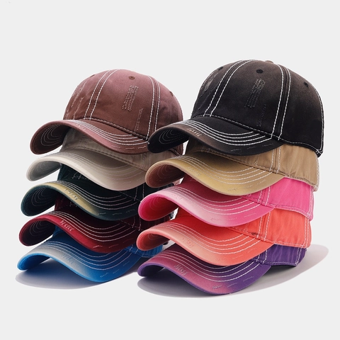 Washed Cotton Baseball Cap Distressed Ripped Vintage Dad Hat With Contrast Stitching Gradient Color Retro Streetwear