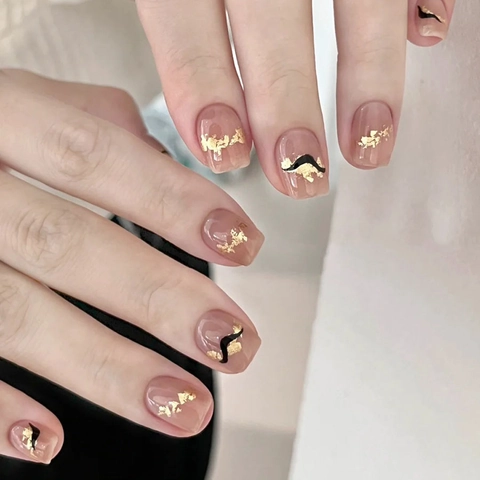 Short Square Press On Nails Nude Pink With Gold Foil And Black Wave Lines Simple Elegant Manicure For Women