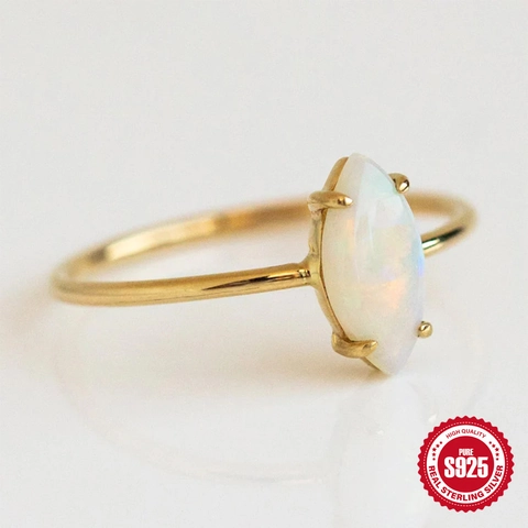 Marquise Cut Opal Ring 925 Sterling Silver Gold Plated Simple Minimalist Jewelry For Women Elegant Ins Style