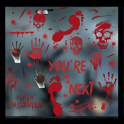 Halloween Window Clings Bloody Handprints Footprints Stickers PVC Spooky Horror Wall Decals For Party Decor