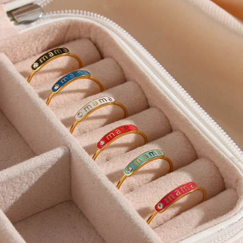 Mode Edelstahl 18K Vergoldet Mama Buchstabe Emaille Verstellbar Offener Ring Mit Strass Für Damen Muttertag Geschenk
