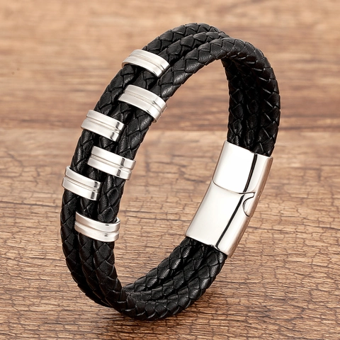 Herren Geflochtenes Lederarmband Mehrschichtig Edelstahl Magnetverschluss Punk Vintage Boho Schmuck Geschenk