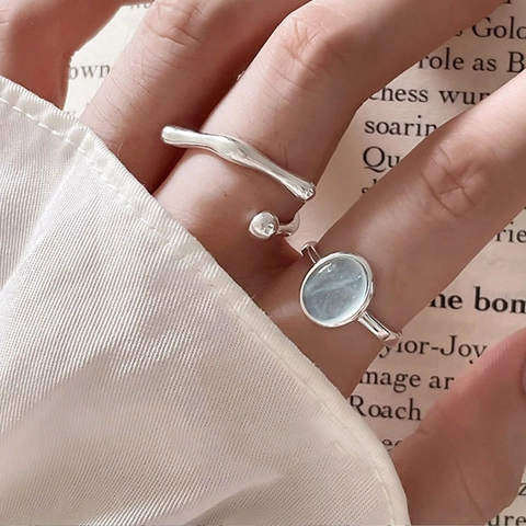 925 Sterling Silber Ringe Aquamarin Kristall Ovaler Edelstein Irregulär Flüssigmetall Offen Verstellbar Schmuck Damen