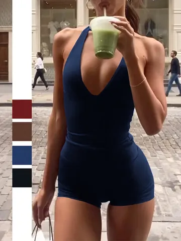 Top Allacciato Al Collo E Pantaloncini A Vita Alta Senza Maniche Scollo A V Profondo Alta Elasticità Yoga Completi Casual Estivi Per Donna