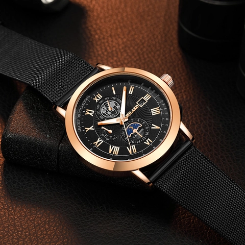 Orologio Al Quarzo Da Uomo Cinturino In Maglia Di Acciaio Inossidabile Multifunzionale Calendario Fasi Lunari Numeri Romani