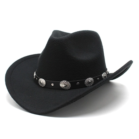 Chapeau De Cow-Boy Occidental En Feutre De Laine À Bord Large Jazz Fedora Avec Boucle En Métal Vintage Style Ethnique