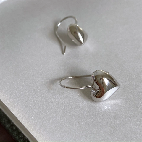 Minimalist 925 Sterling Silver 3D Heart Dangle Hook Earrings Korean Style Mirror Polished Jewelry For Women Gift