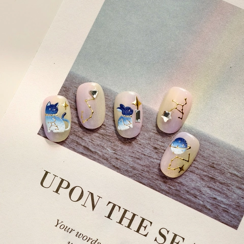 Nail Art Stickers 5D Embossed Cartoon Cat Bunny Star Constellation Blue Gradient Self Adhesive Manicure Decor