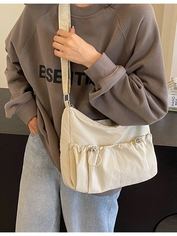 Nylon Crossbody Bag For Women Large Capacity Pleated Hobo Shoulder Bag With Drawstring Pockets Casual Korean Style