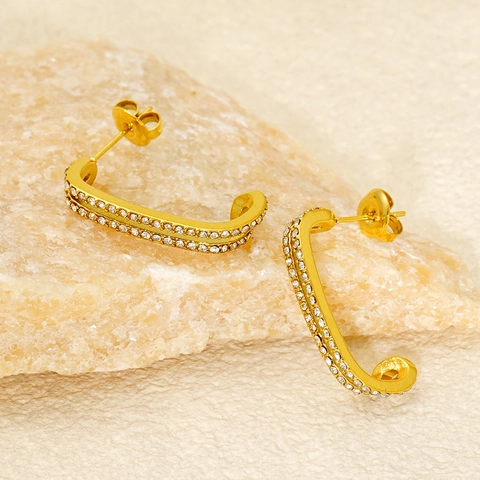 Double Row Rhinestone J-Shaped Hoop Earrings For Women 18K Gold Plated Stainless Steel Minimalist Elegant Jewelry Gift