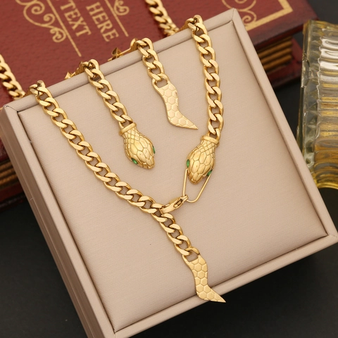 Collier Bracelet Et Boucles D'oreilles Serpent En Acier Inoxydable Chaîne Cubaine Yeux En Pierre Verte Style INS Vintage Pour Femmes