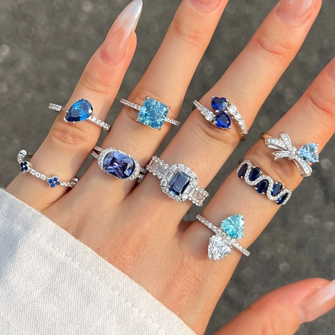 925 Sterling Silber Ringe Für Frauen Blau Herz Geometrisch Zirkon Elegant Romantisch Mode Schmuck Finger Accessoire