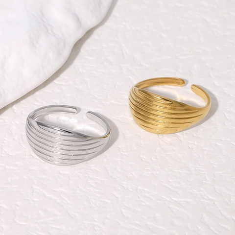 Minimalistisch Edelstahl Offen Verstellbar Ring Für Damen 18K Vergoldet Vertikal Rillen Bandring Französisch Luxus Schmuck