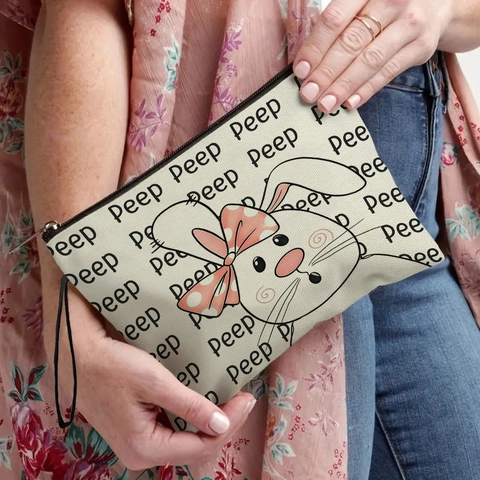 Trousse Maquillage Pâques Lin Toile Imprimé Lapin Œuf Pochette Cosmétique Organisateur Voyage Fermeture Éclair Cadeau